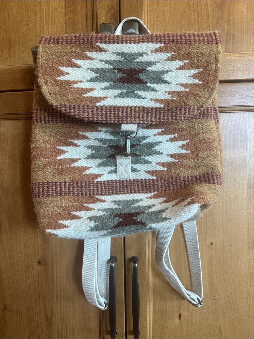 Aztec-Pattern Woven Backpack in White, Rust & Gray